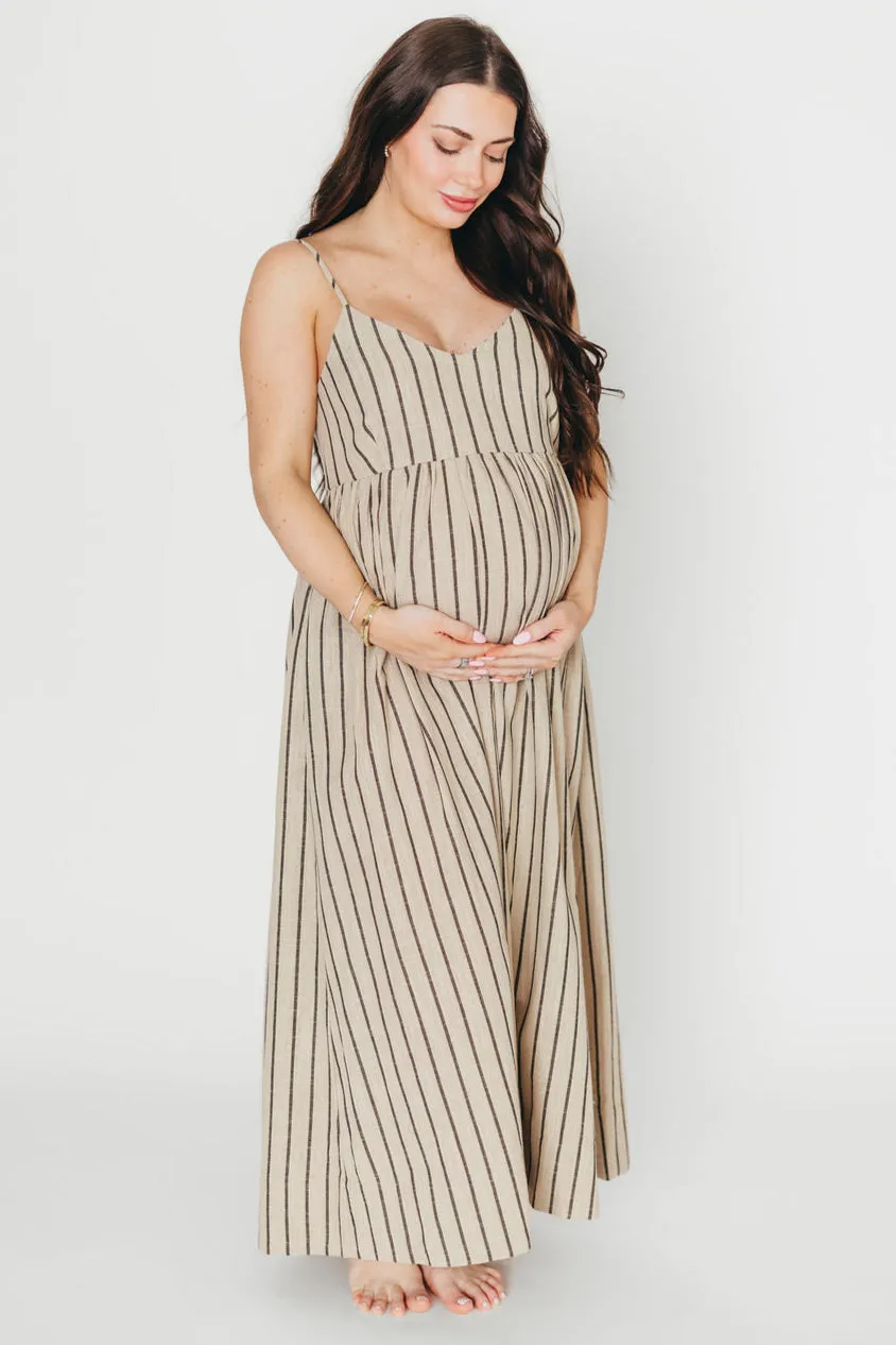 Carley Cotton & Linen Maxi Dress in Beige/Charcoal Stripe - Bump Friendly sold by Worth Collective