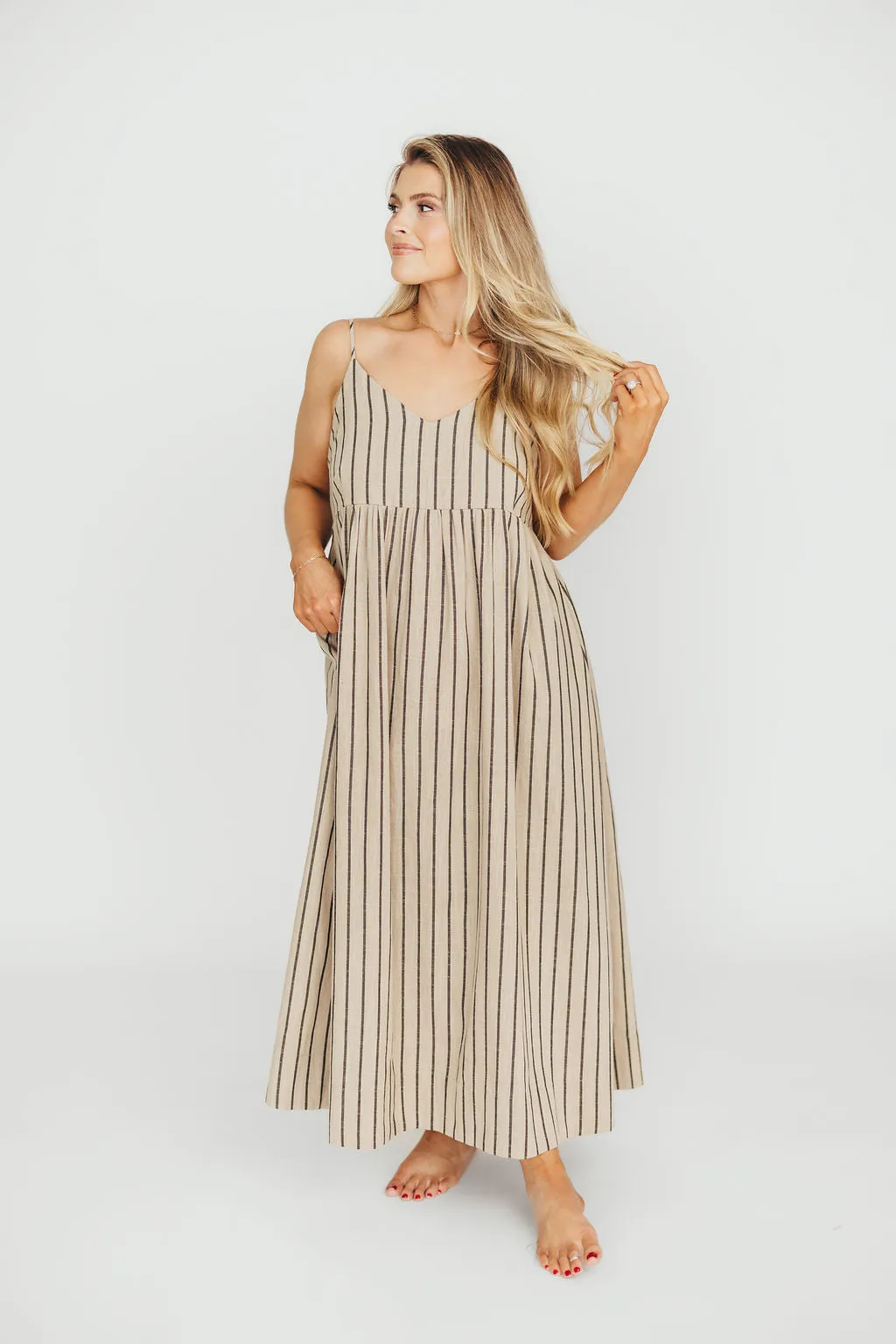 Carley Cotton & Linen Maxi Dress in Beige/Charcoal Stripe - Bump Friendly sold by Worth Collective product image thumbnail 2