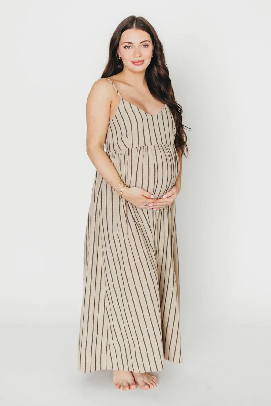 Carley Cotton & Linen Maxi Dress in Beige/Charcoal Stripe - Bump Friendly sold by Worth Collective product image thumbnail 3