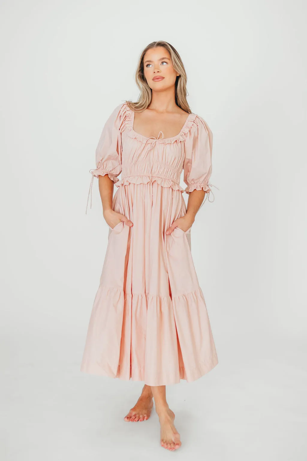 Crissy 100% Cotton Ruched Midi Dress in Dusty Pink - Bump Friendly sold by Worth Collective