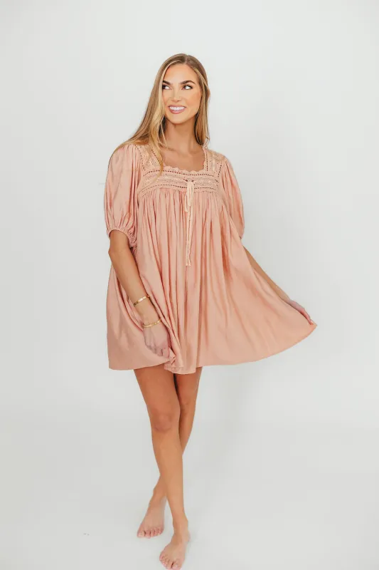Dottie Lace Trim Linen-Blend Mini Dress in Blush sold by Worth Collective