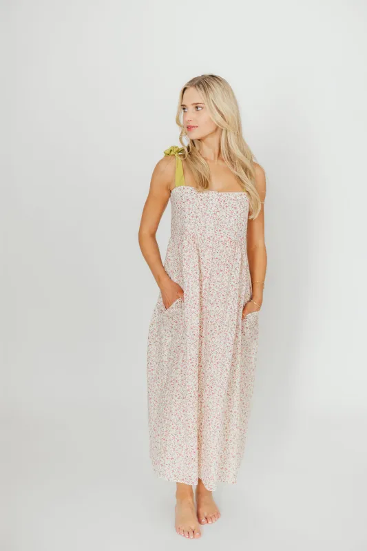 Everest Bow Tie Strap Button Down Midi Dress in Floral Multi sold by Worth Collective