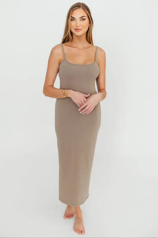 Alexa Ribbed Maxi Dress in Burnt Taupe sold by Worth Collective