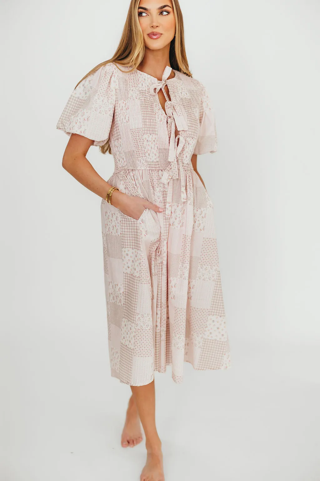 Tatum 100% Cotton Front Tie Midi Dress in Pink sold by Worth Collective