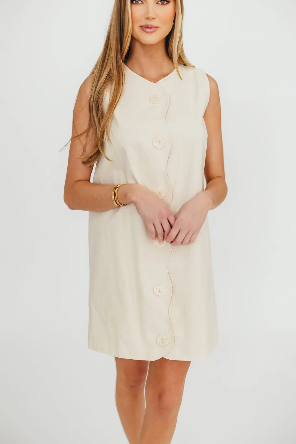 Zoey Wavy Trim Mini Dress in Sand sold by Worth Collective
