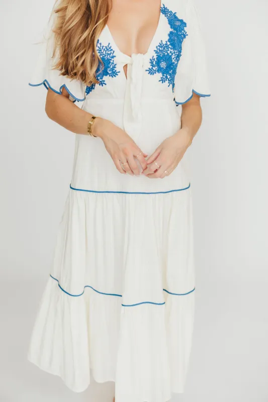 Lena Embroidered Tiered Midi Dress in Off-White/Blue *Final-Sale* sold by Worth Collective