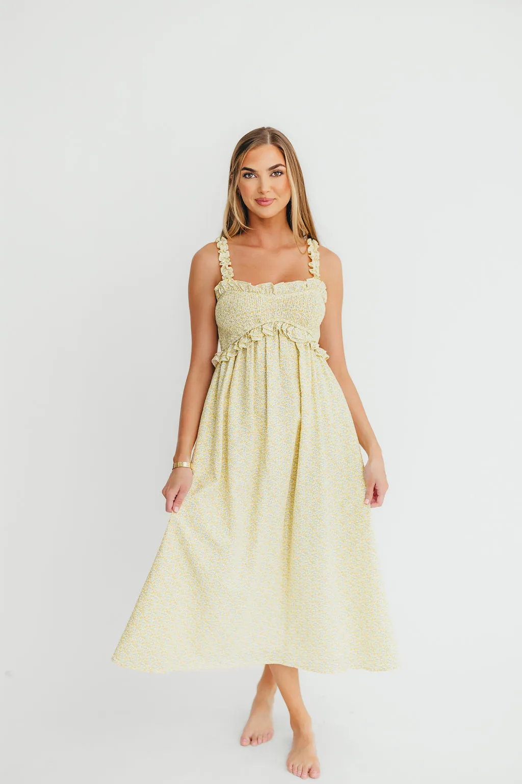 Raya Ruffle Trim Midi Dress in Yellow Floral sold by Worth Collective product image thumbnail 2
