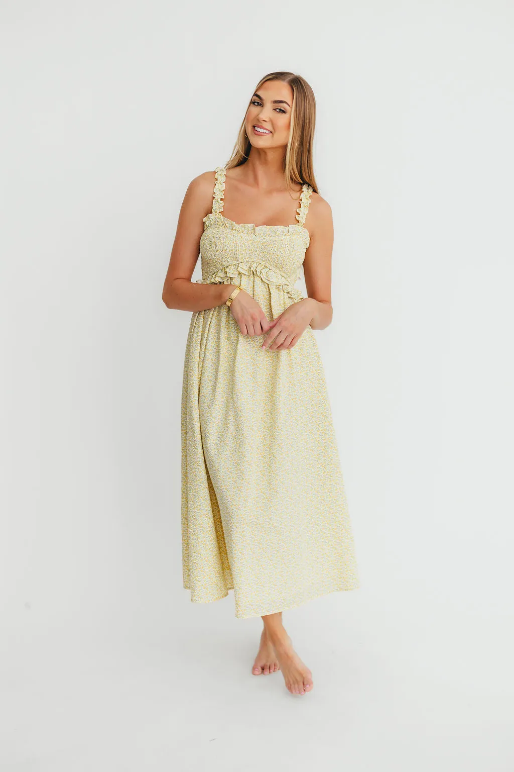 Raya Ruffle Trim Midi Dress in Yellow Floral sold by Worth Collective product image thumbnail 3