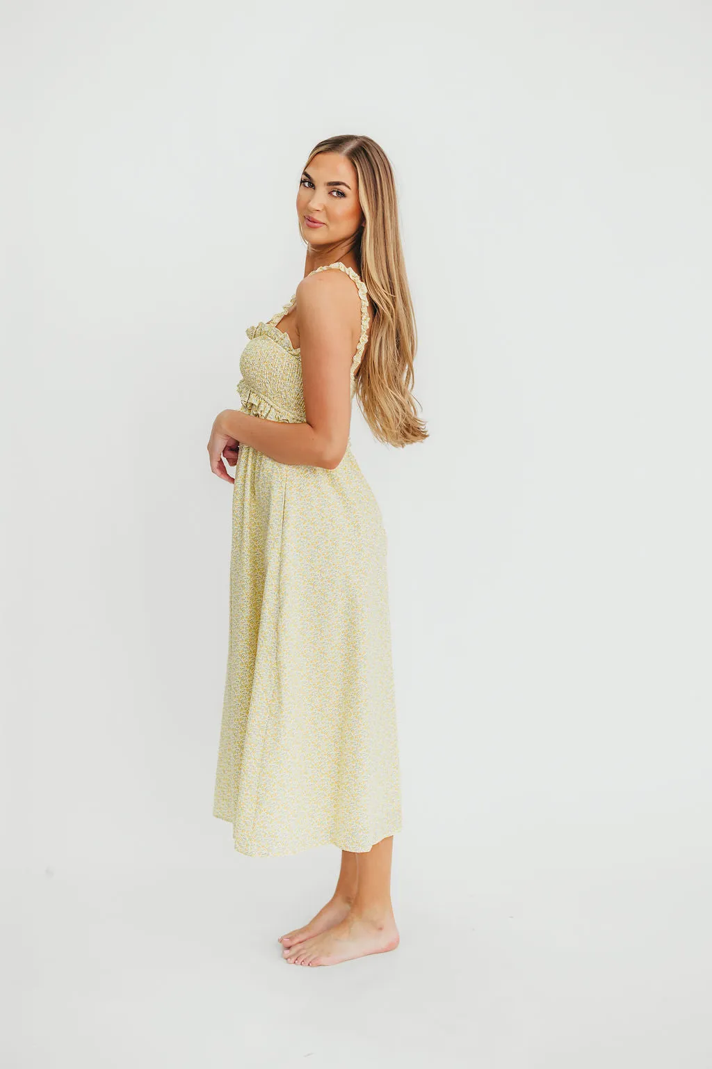 Raya Ruffle Trim Midi Dress in Yellow Floral sold by Worth Collective product image thumbnail 4