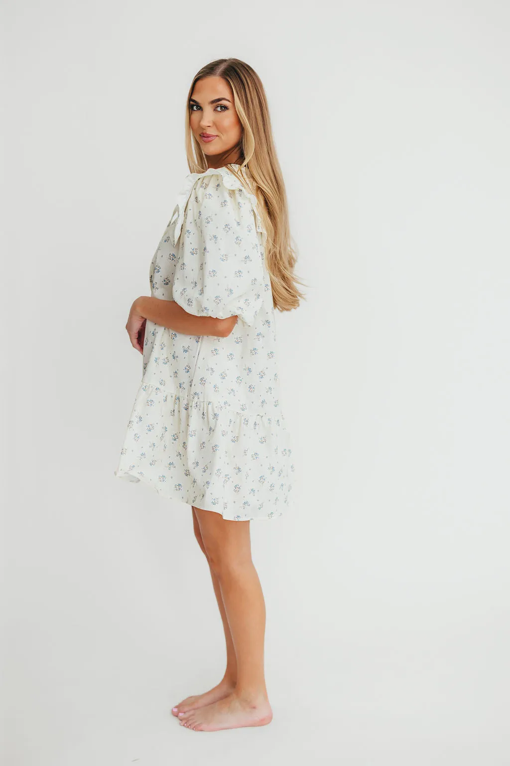 Cecile Denim Mini Dress with Collar in Natural/Blue Floral sold by Worth Collective product image thumbnail 5