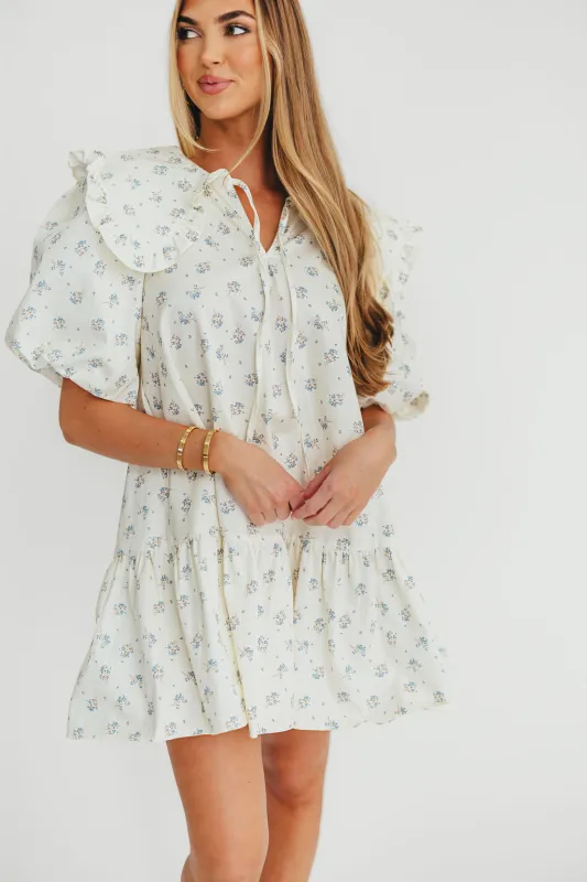 Cecile Denim Mini Dress with Collar in Natural/Blue Floral sold by Worth Collective