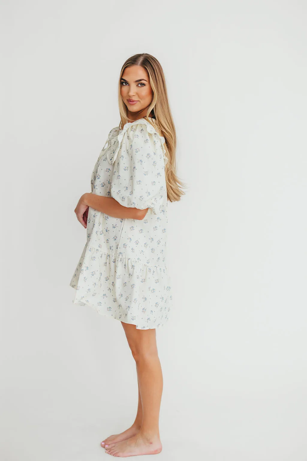 Cecile Denim Mini Dress with Collar in Natural/Blue Floral sold by Worth Collective product image thumbnail 4
