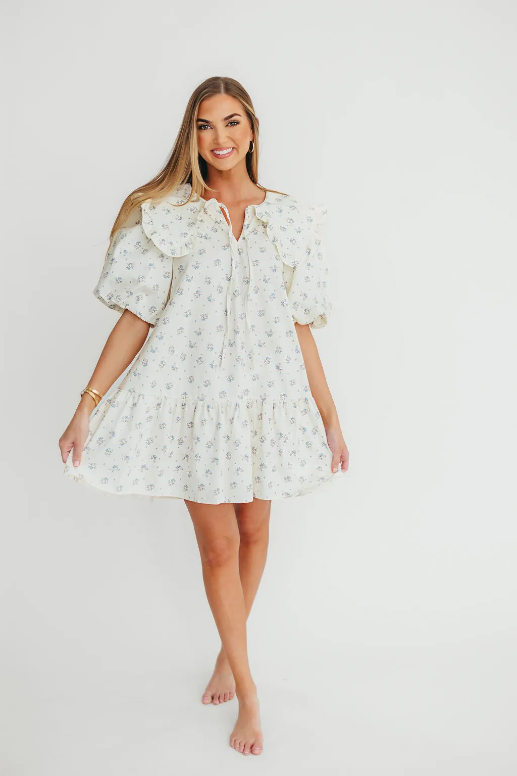 Cecile Denim Mini Dress with Collar in Natural/Blue Floral sold by Worth Collective product image thumbnail 2