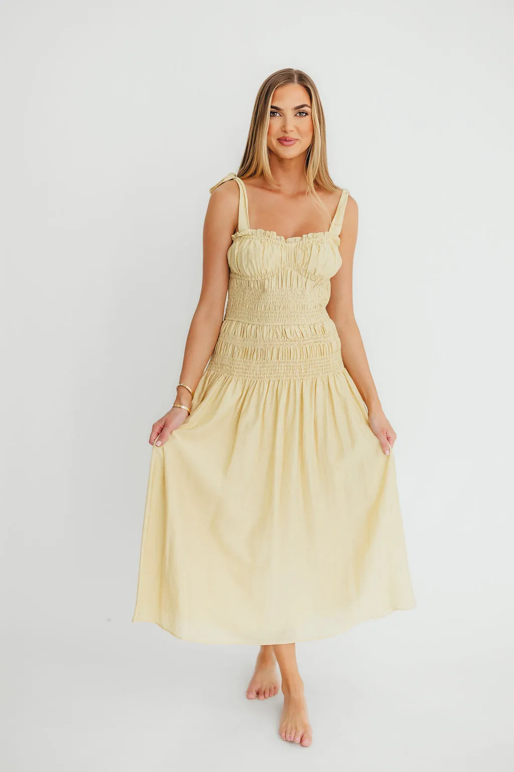 Della Adjustable Tie Midi Dress in Yellow *Final-Sale* sold by Worth Collective