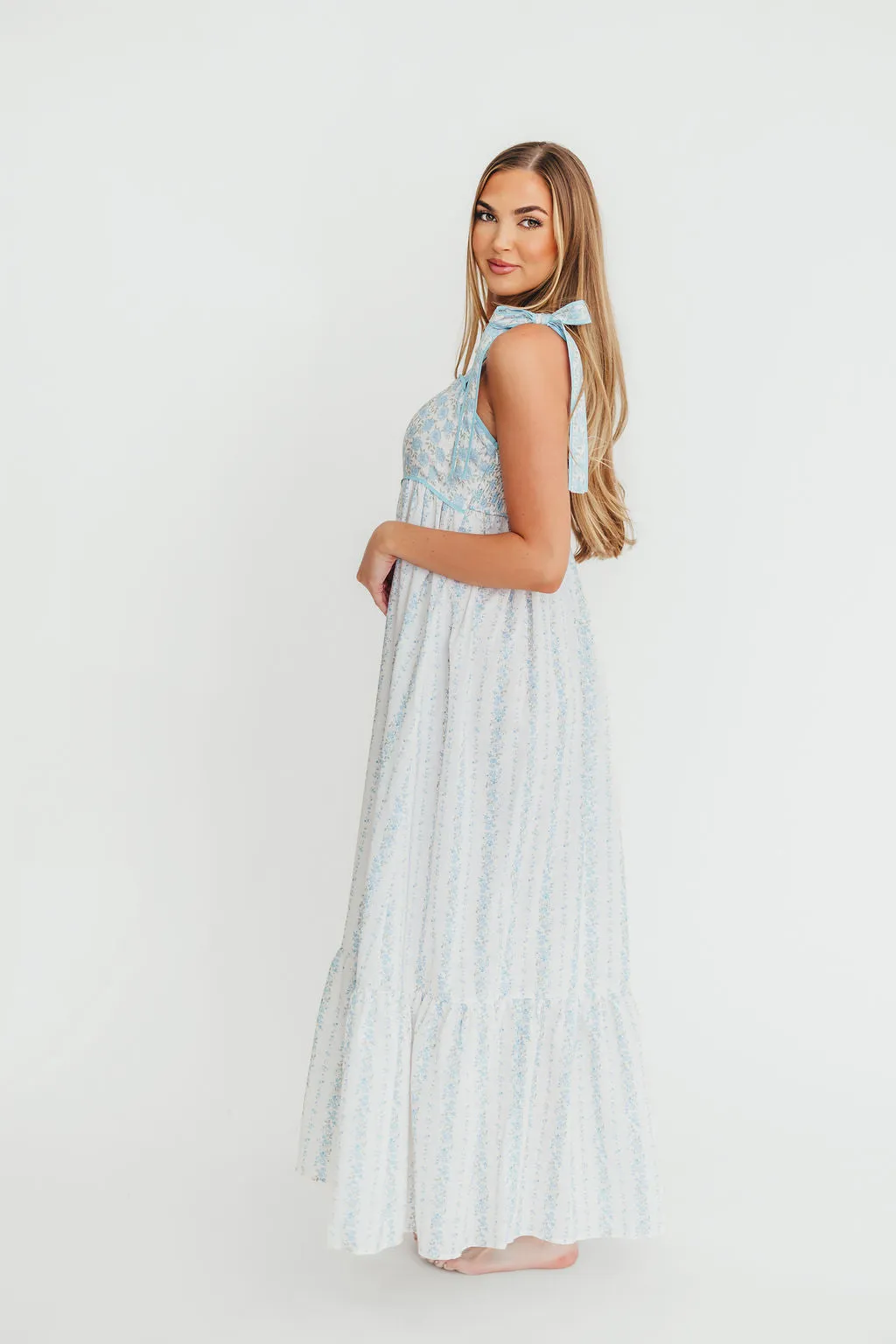 Kelly Adjustable Tie Maxi Dress in French Blue Floral sold by Worth Collective product image thumbnail 2