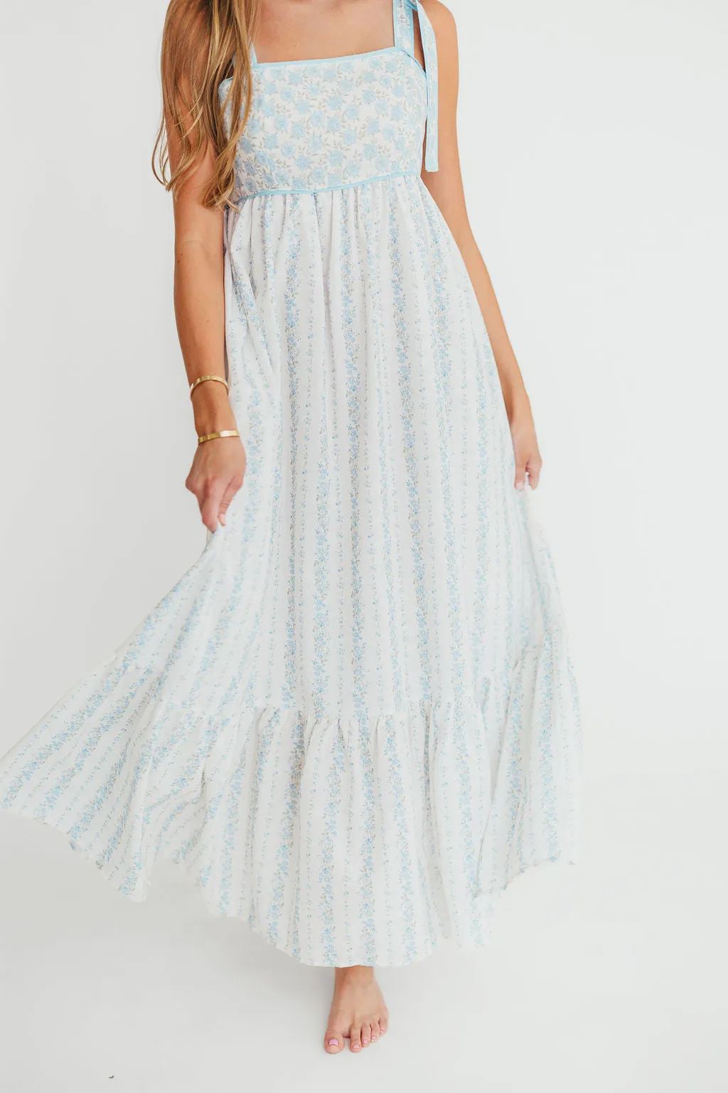 Kelly Adjustable Tie Maxi Dress in French Blue Floral sold by Worth Collective product image thumbnail 5