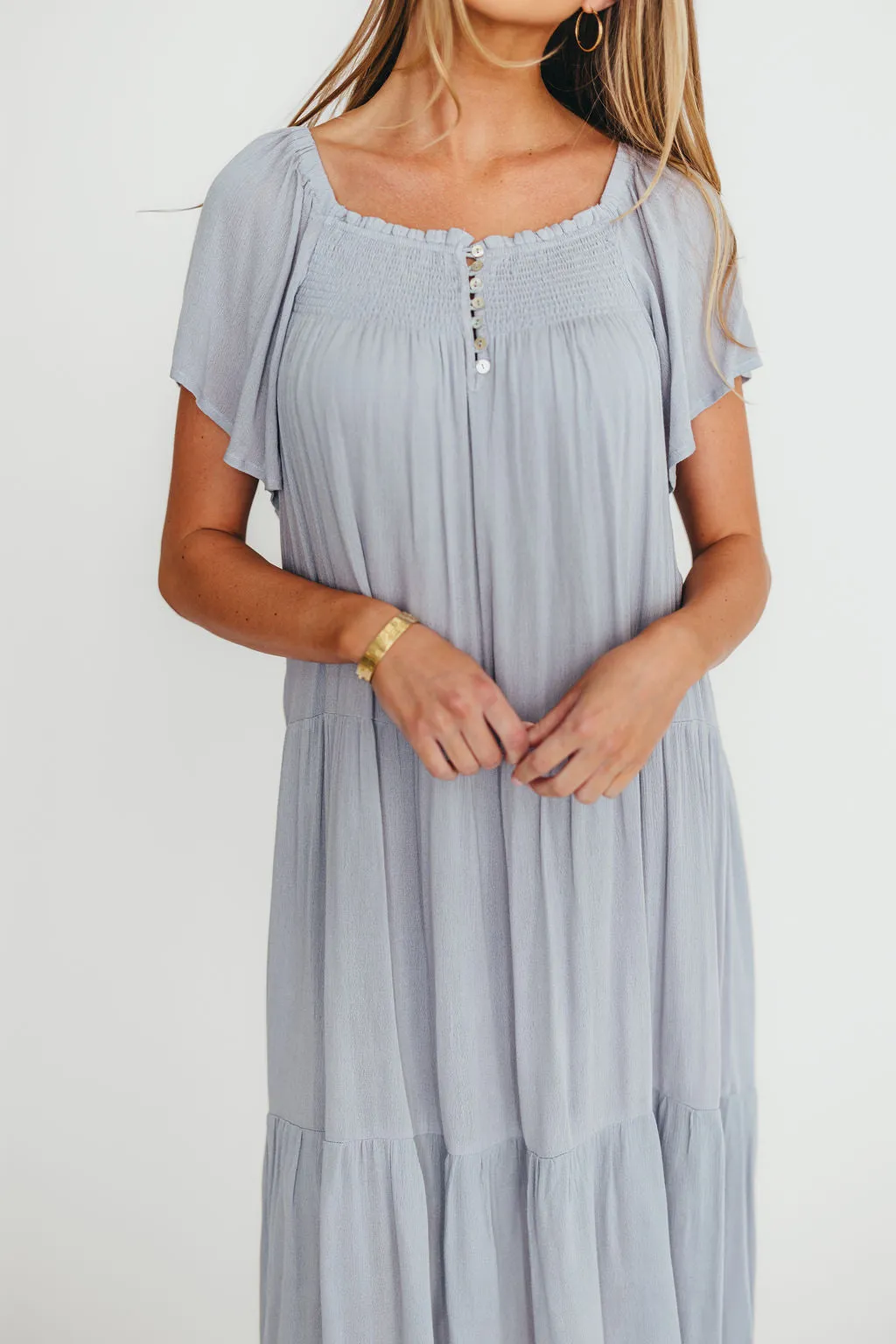 Eloise Flutter Sleeve Midi Dress in Slate sold by Worth Collective