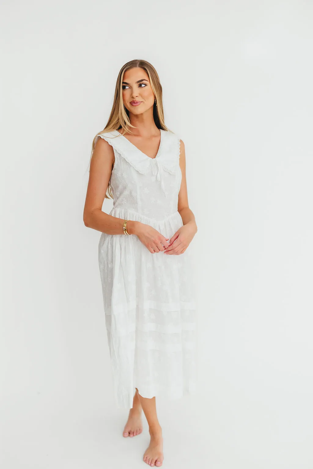 Elaine 100% Cotton Embroidered Midi Dress in White Floral sold by Worth Collective product image thumbnail 3