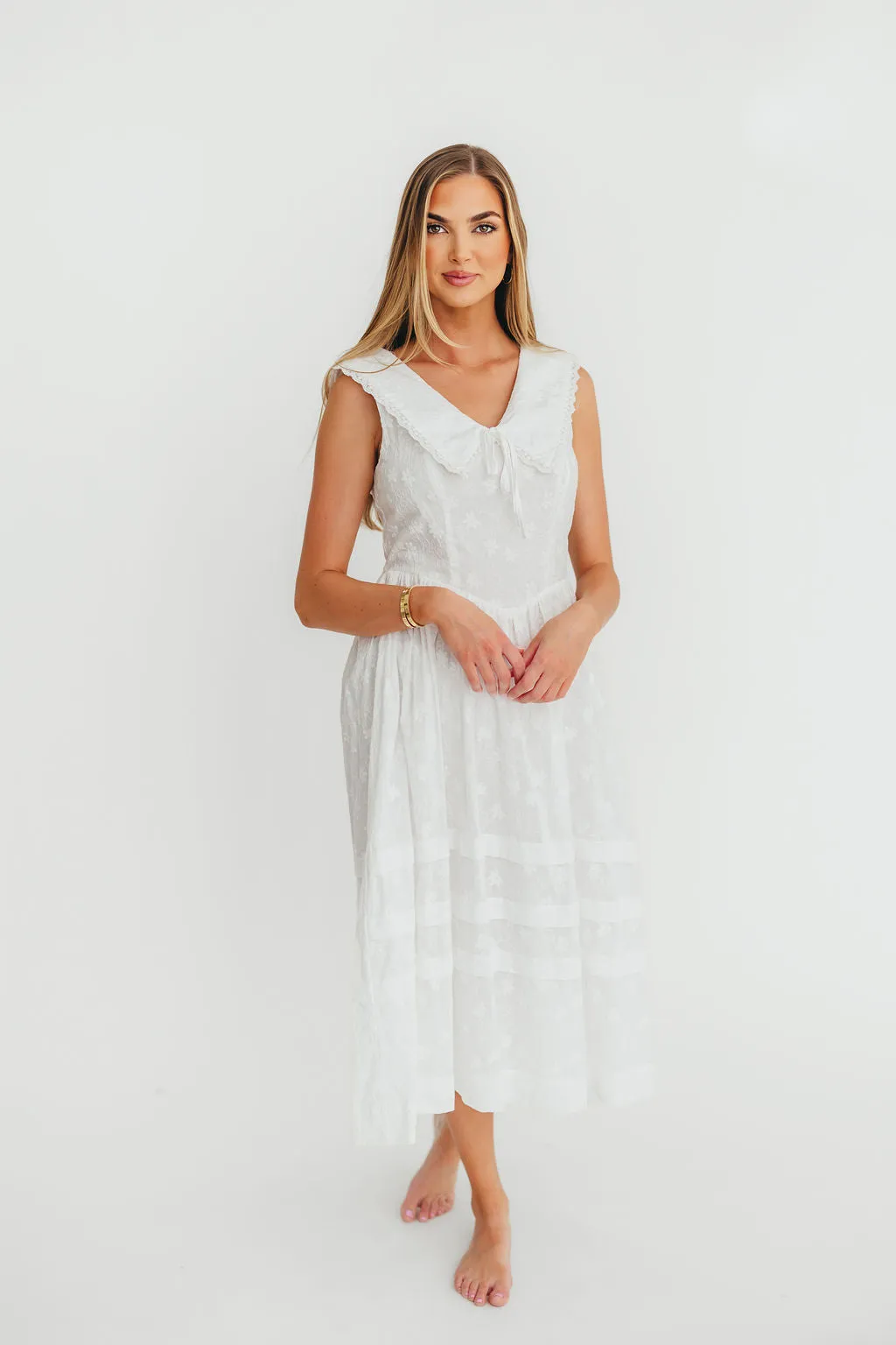 Elaine 100% Cotton Embroidered Midi Dress in White Floral sold by Worth Collective product image thumbnail 4