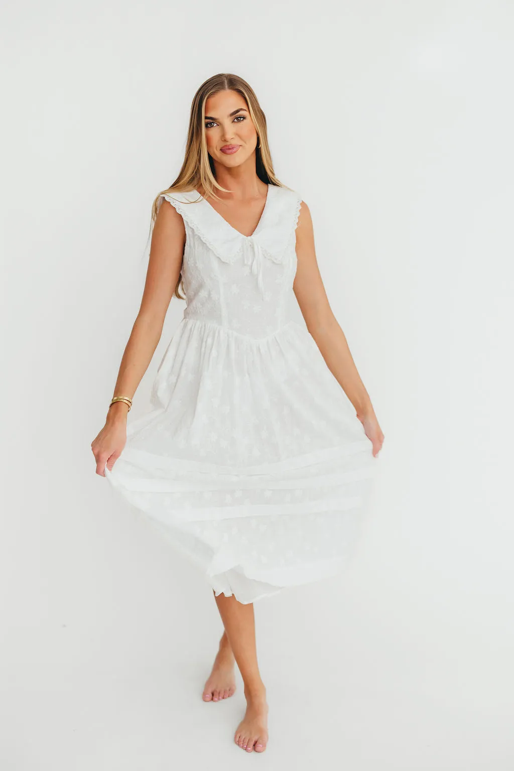 Elaine 100% Cotton Embroidered Midi Dress in White Floral sold by Worth Collective product image thumbnail 2