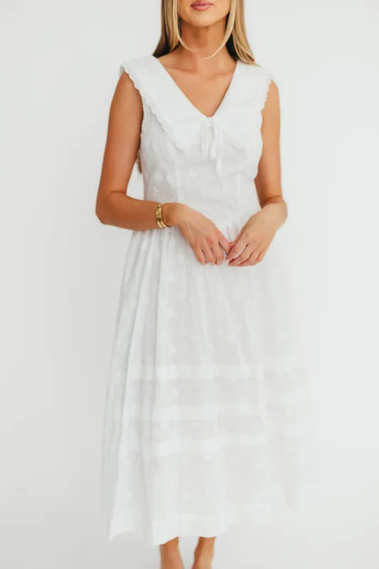 Elaine 100% Cotton Embroidered Midi Dress in White Floral sold by Worth Collective