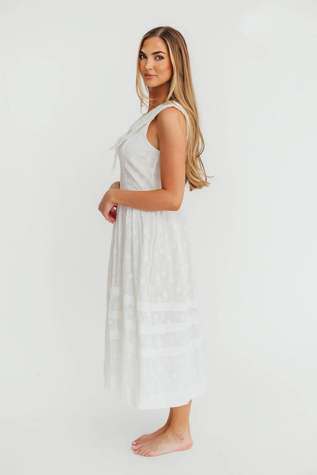 Elaine 100% Cotton Embroidered Midi Dress in White Floral sold by Worth Collective product image thumbnail 5