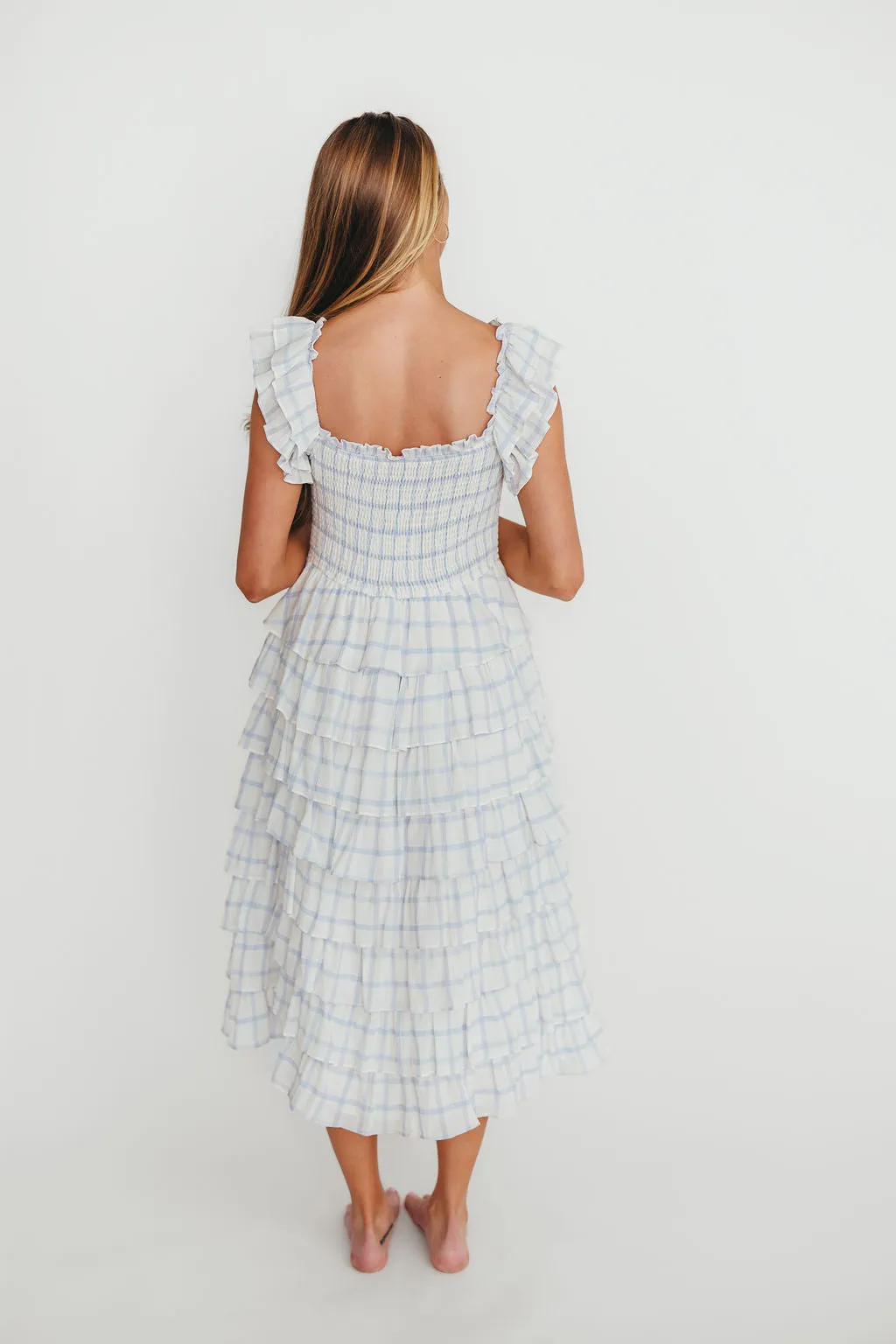Adelynn Ruffle Midi Dress in White/Blue sold by Worth Collective product image thumbnail 3