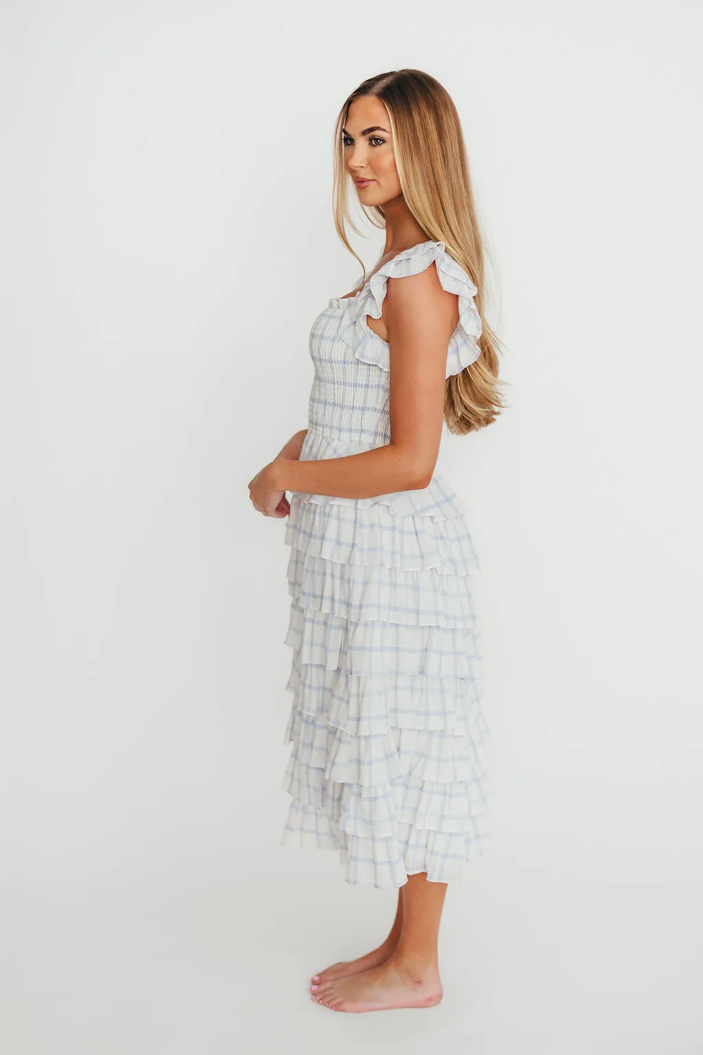 Adelynn Ruffle Midi Dress in White/Blue sold by Worth Collective product image thumbnail 2