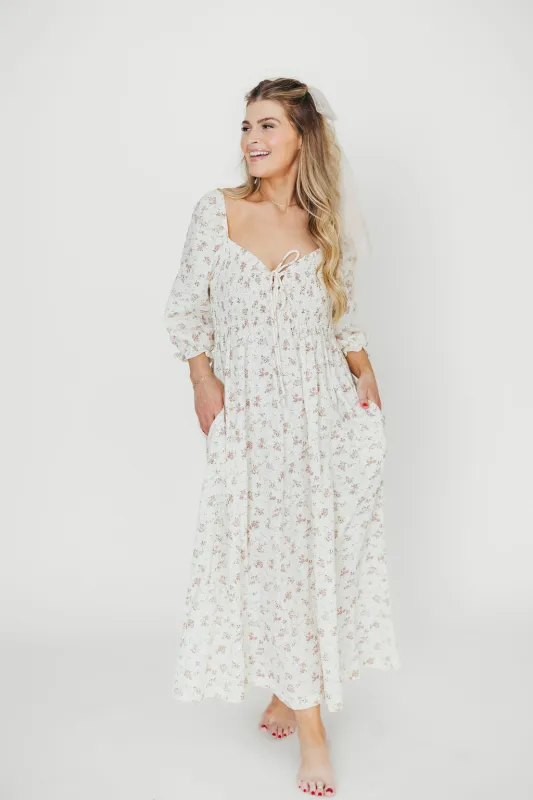 Cecilia 100% Cotton Smocked Maxi Dress in Ivory/Mauve Floral - Bump Friendly sold by Worth Collective