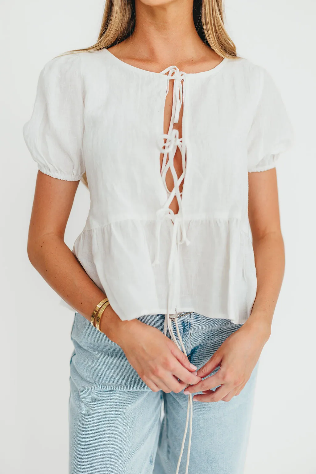 Mylie 100% Linen Woven Tie Top in Off-White sold by Worth Collective