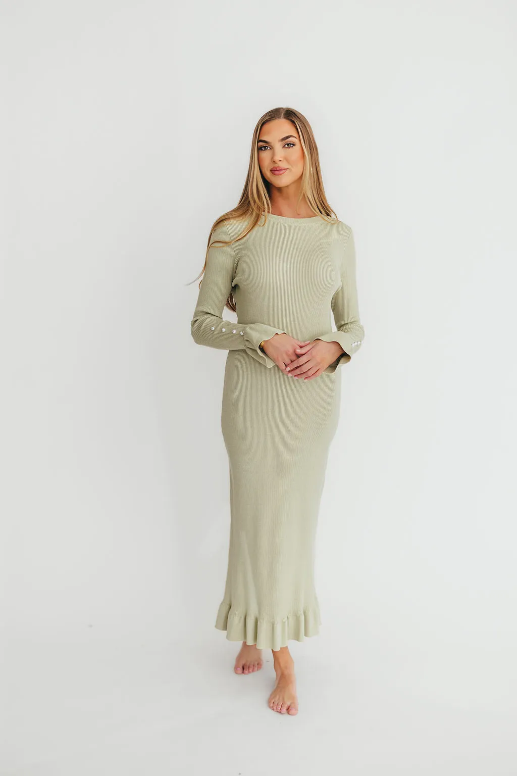 Mason Bow Tie Sweater Maxi Dress in Sage sold by Worth Collective
