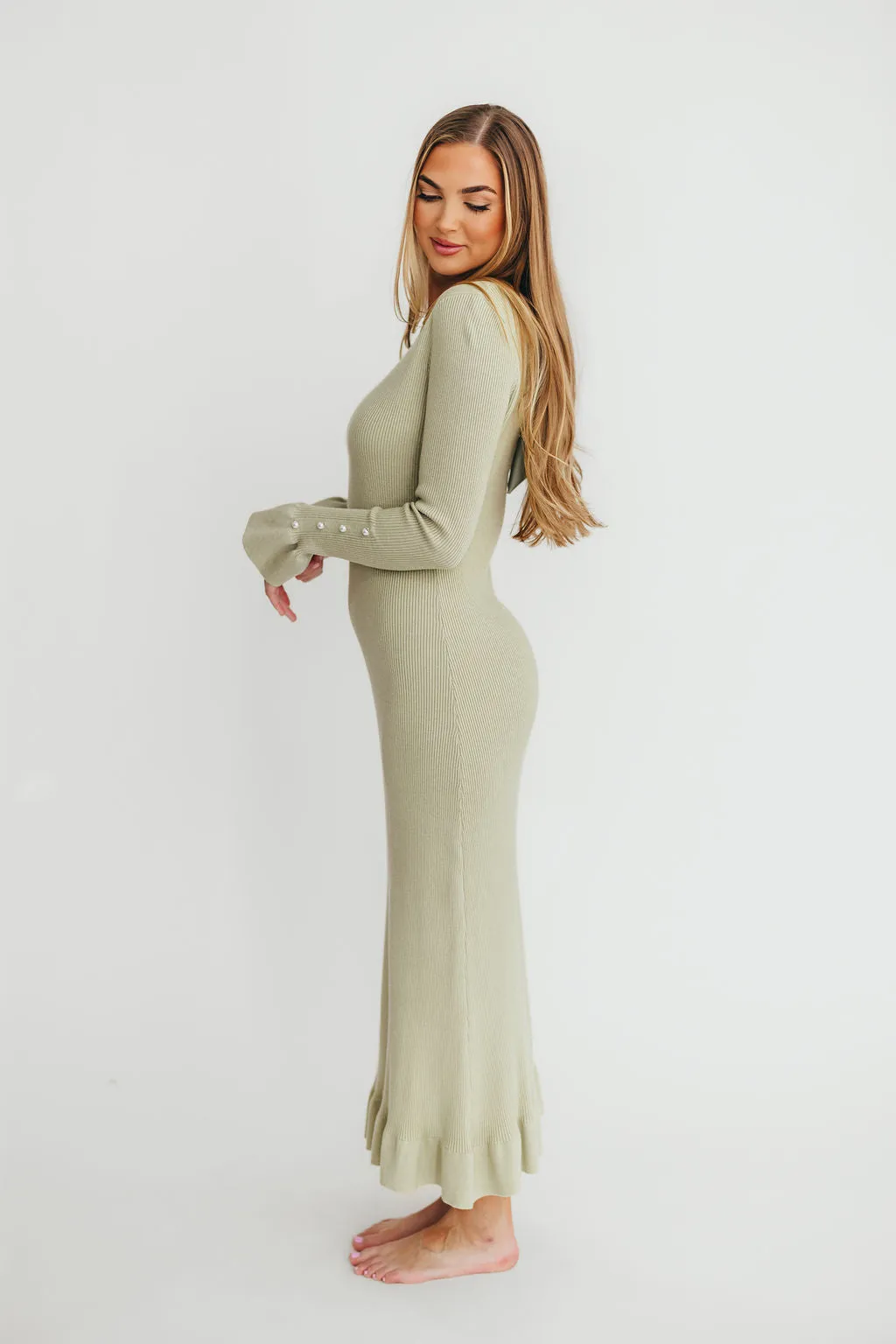 Mason Bow Tie Sweater Maxi Dress in Sage sold by Worth Collective product image thumbnail 4