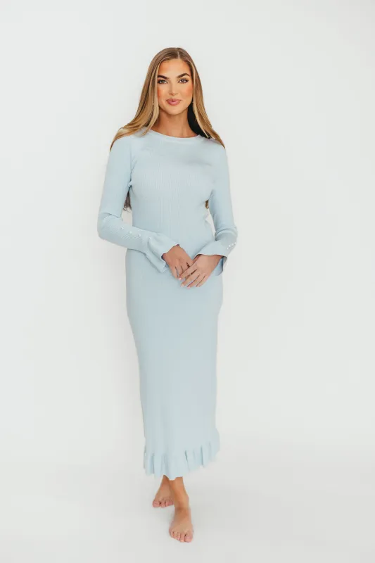 Mason Bow Tie Sweater Maxi Dress in Sky Blue sold by Worth Collective
