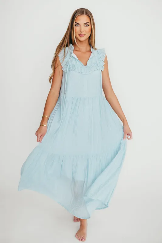 Brynn Ruffle Tiered Midi Dress in Blue sold by Worth Collective