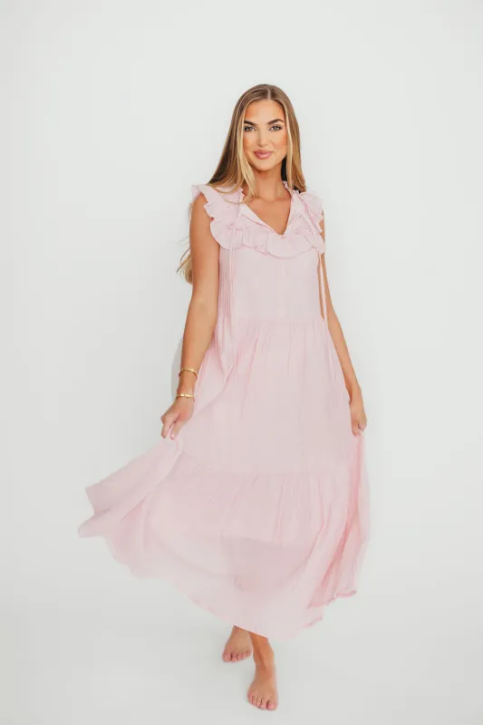 Brynn Ruffle Tiered Midi Dress in Pink sold by Worth Collective