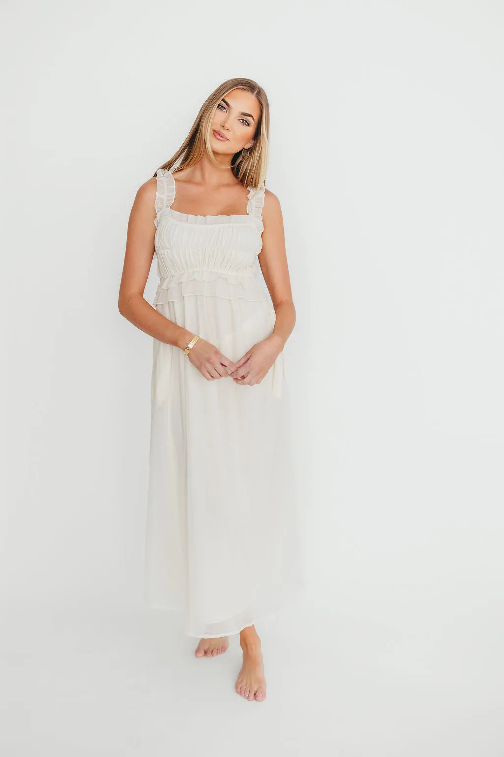 Demi Ruffle Midi Dress in Ecru sold by Worth Collective