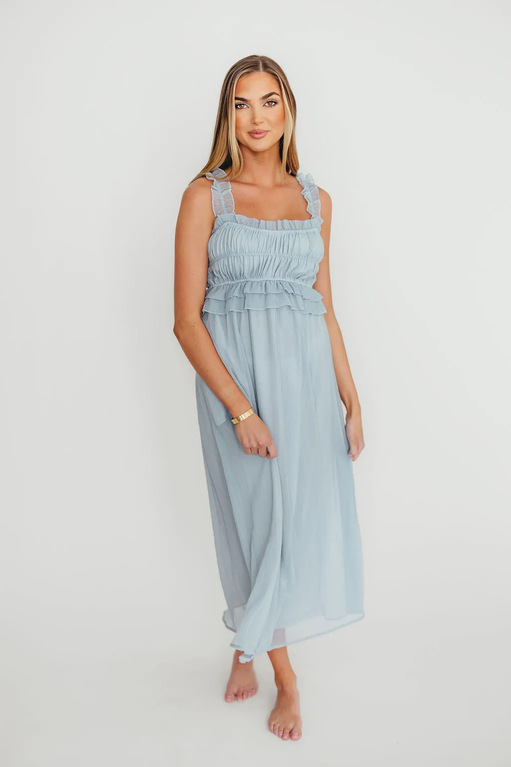 Demi Ruffle Midi Dress in Blue sold by Worth Collective
