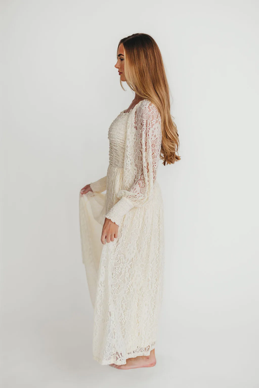 Adaline Vintage Lace Smocked Maxi Dress in Cream sold by Worth Collective product image thumbnail 3