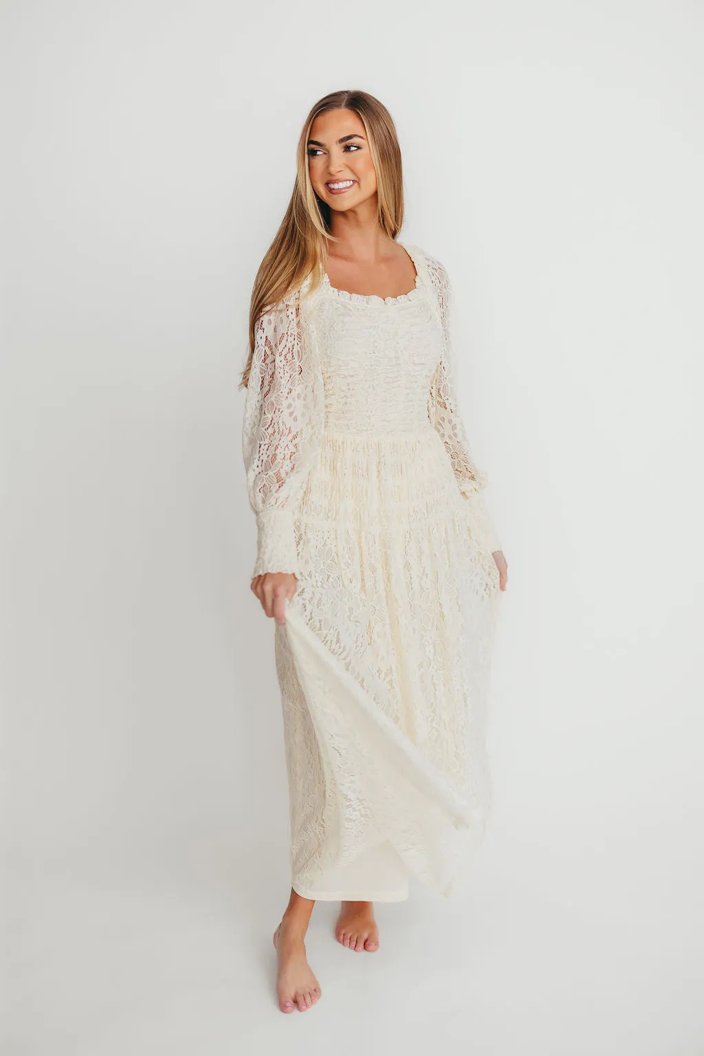 Adaline Vintage Lace Smocked Maxi Dress in Cream sold by Worth Collective