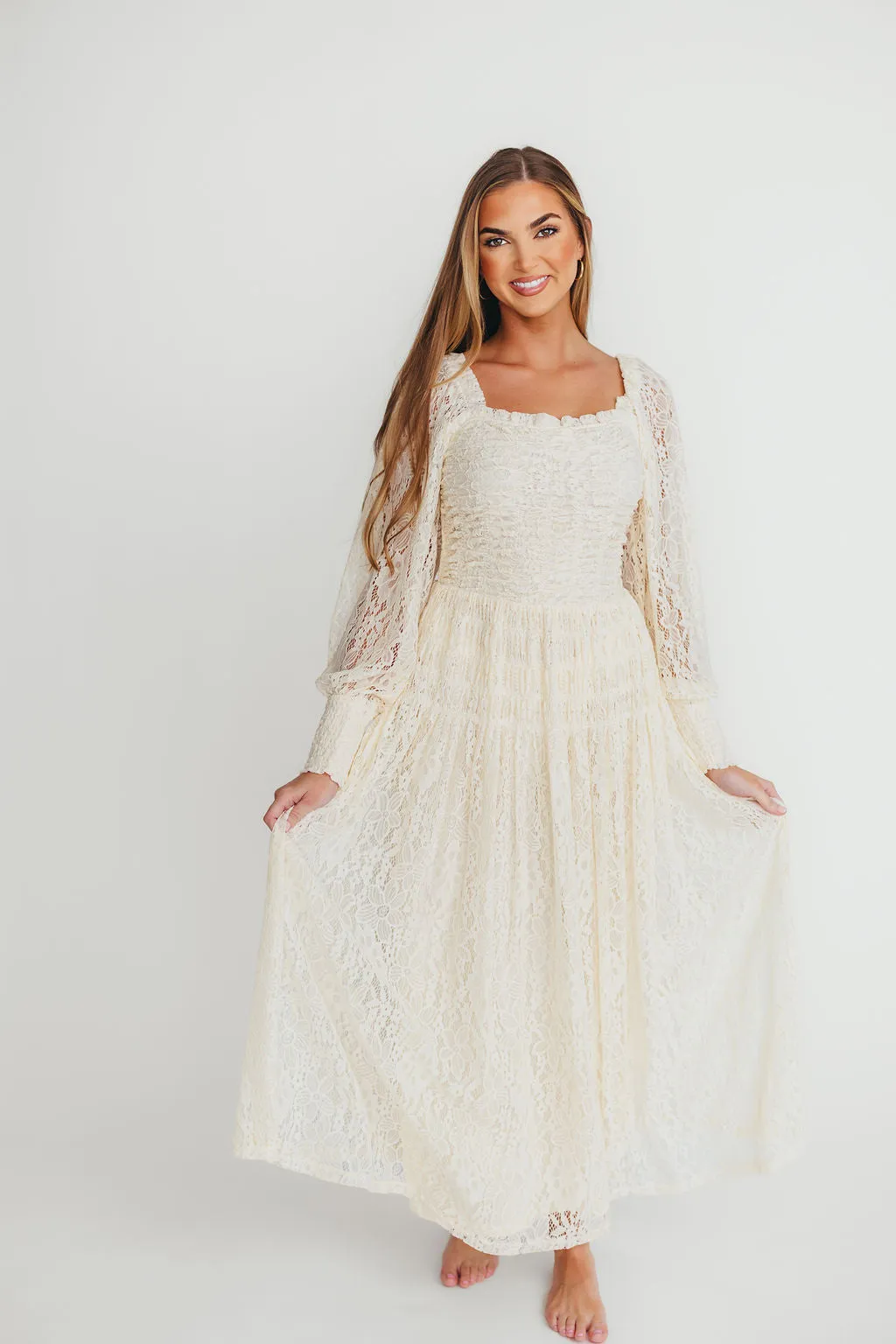 Adaline Vintage Lace Smocked Maxi Dress in Cream sold by Worth Collective product image thumbnail 5