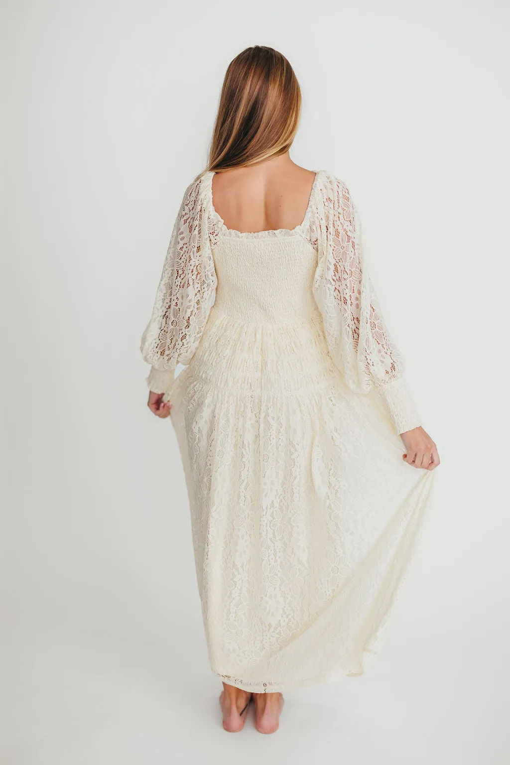 Adaline Vintage Lace Smocked Maxi Dress in Cream sold by Worth Collective product image thumbnail 4