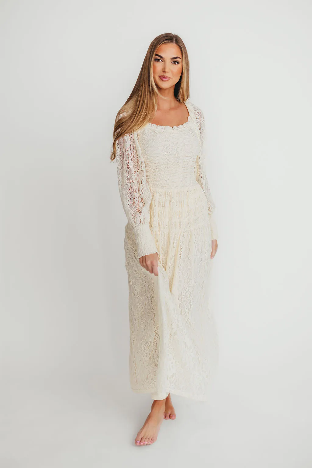 Adaline Vintage Lace Smocked Maxi Dress in Cream sold by Worth Collective product image thumbnail 2