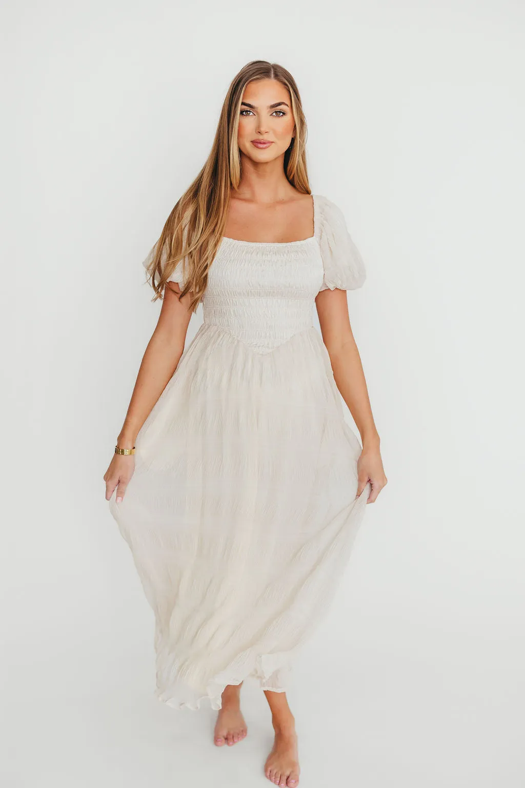 Laura Puff Sleeve Smocked Midi Dress in Ecru sold by Worth Collective product image thumbnail 5