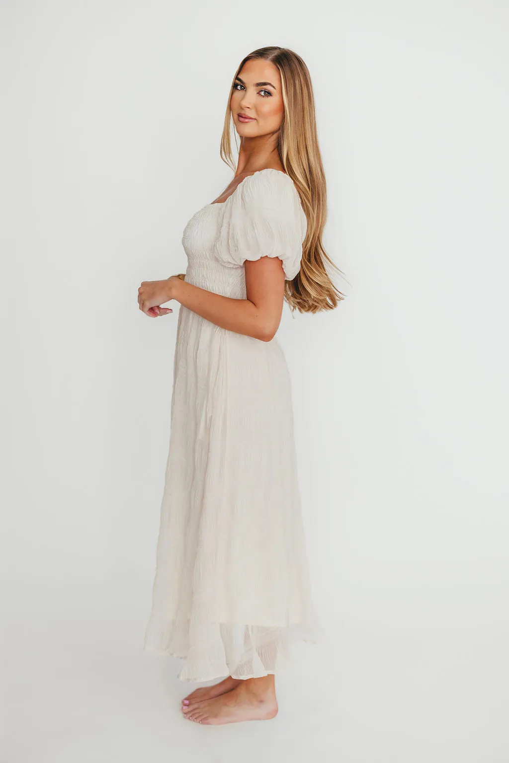 Laura Puff Sleeve Smocked Midi Dress in Ecru sold by Worth Collective product image thumbnail 3