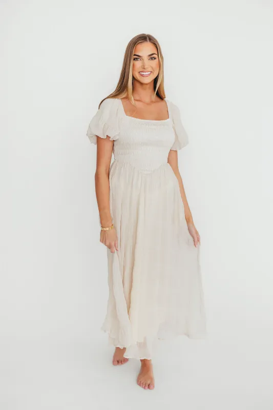 Laura Puff Sleeve Smocked Midi Dress in Ecru made by Listicle