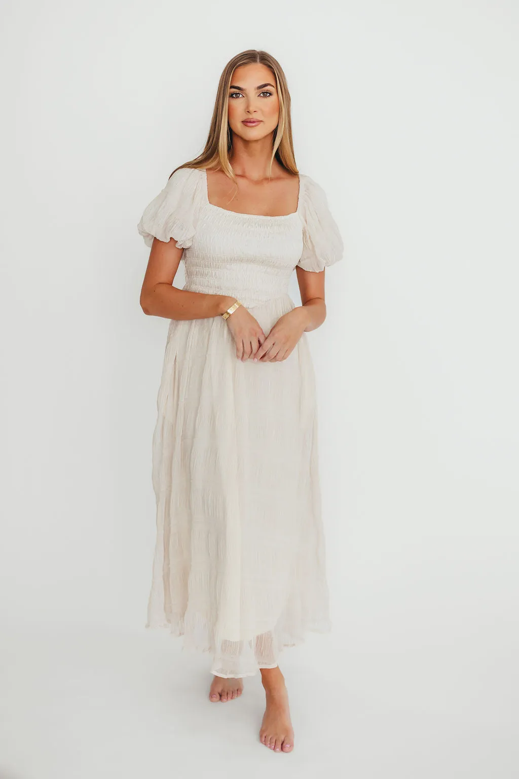 Laura Puff Sleeve Smocked Midi Dress in Ecru sold by Worth Collective product image thumbnail 2