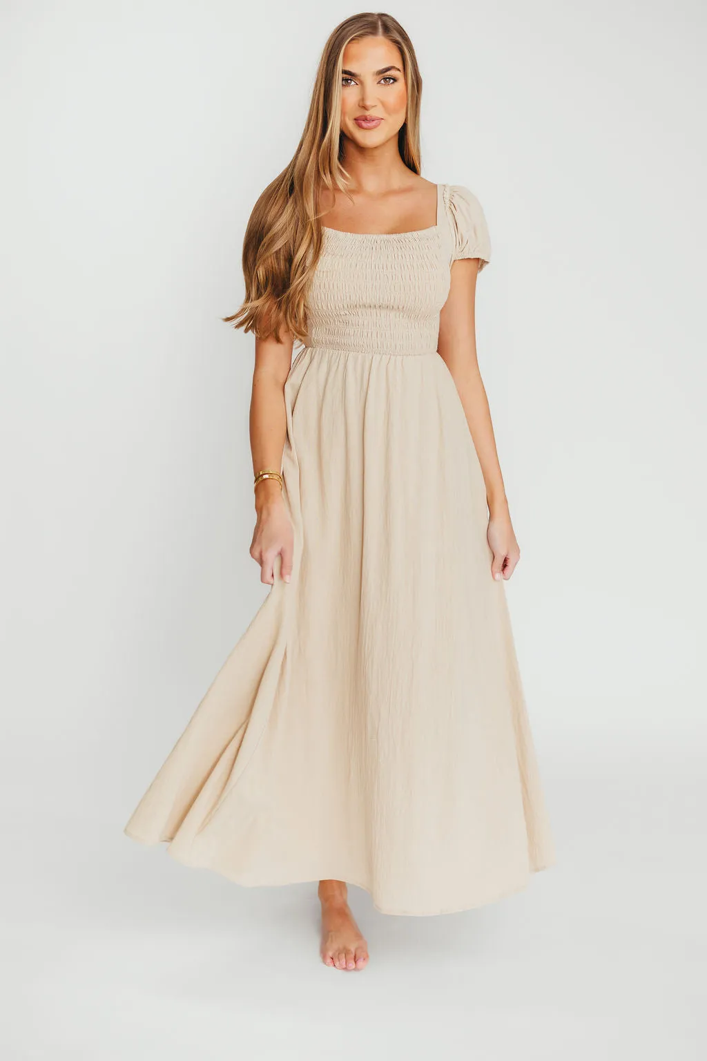Anastasia 100% Cotton Criss-Cross Back Maxi Dress in Beige sold by Worth Collective product image thumbnail 5