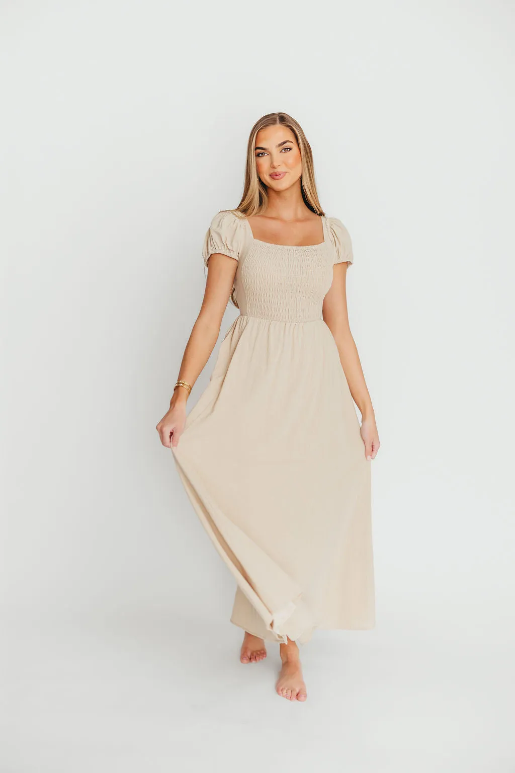 Anastasia 100% Cotton Criss-Cross Back Maxi Dress in Beige sold by Worth Collective product image thumbnail 2