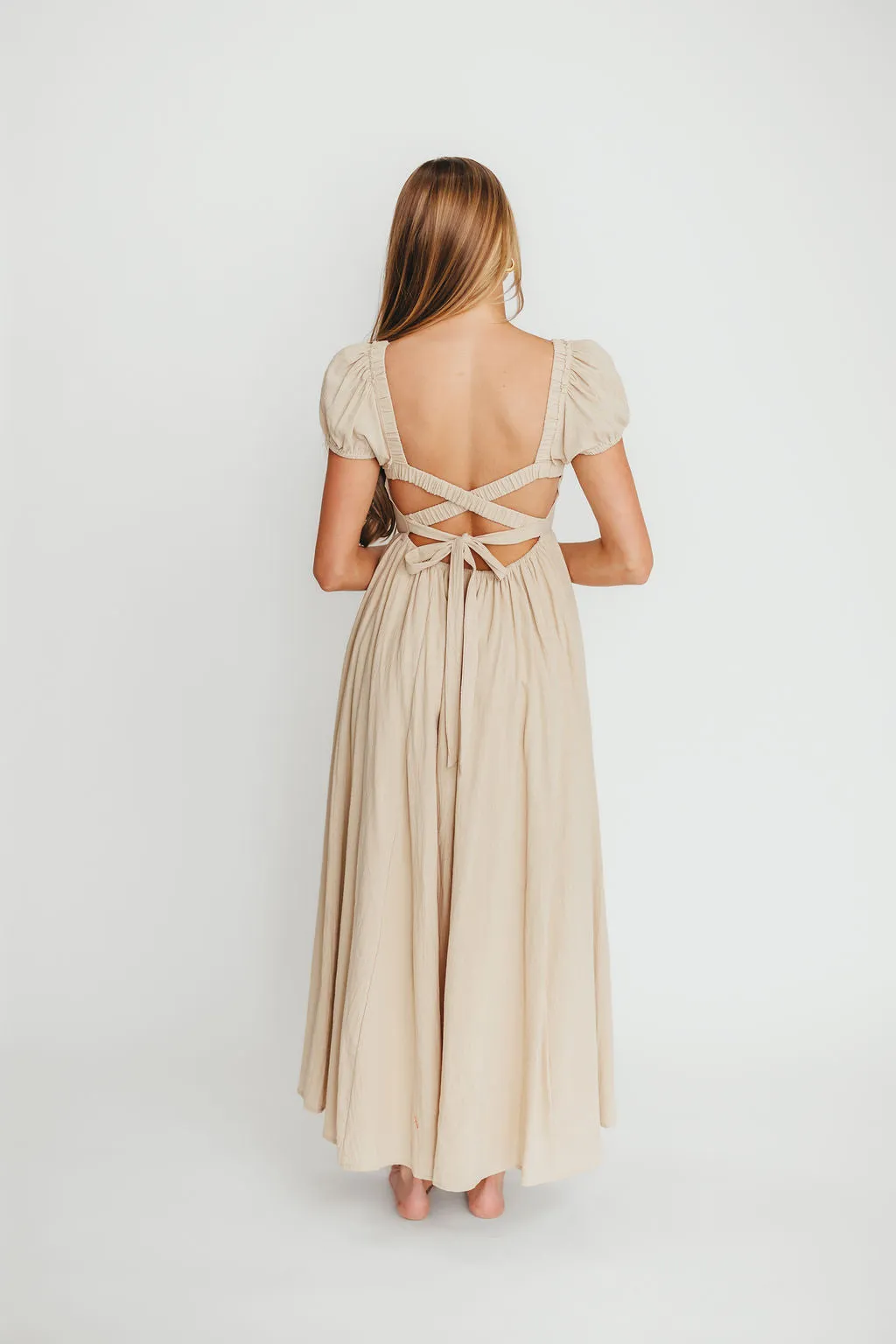Anastasia 100% Cotton Criss-Cross Back Maxi Dress in Beige sold by Worth Collective product image thumbnail 4