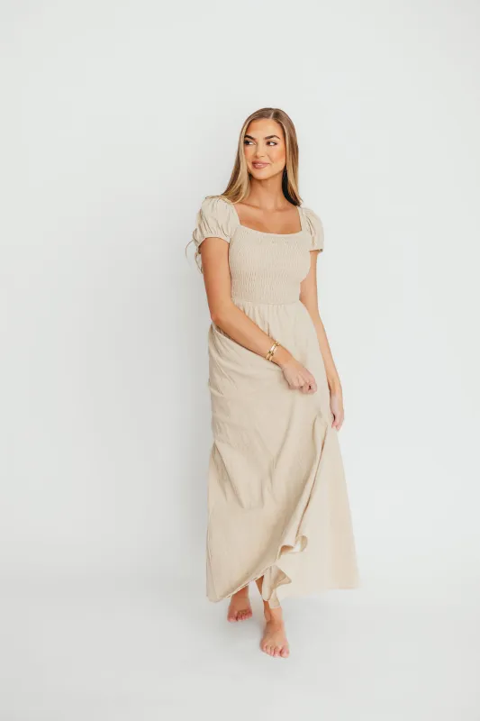 Anastasia 100% Cotton Criss-Cross Back Maxi Dress in Beige sold by Worth Collective